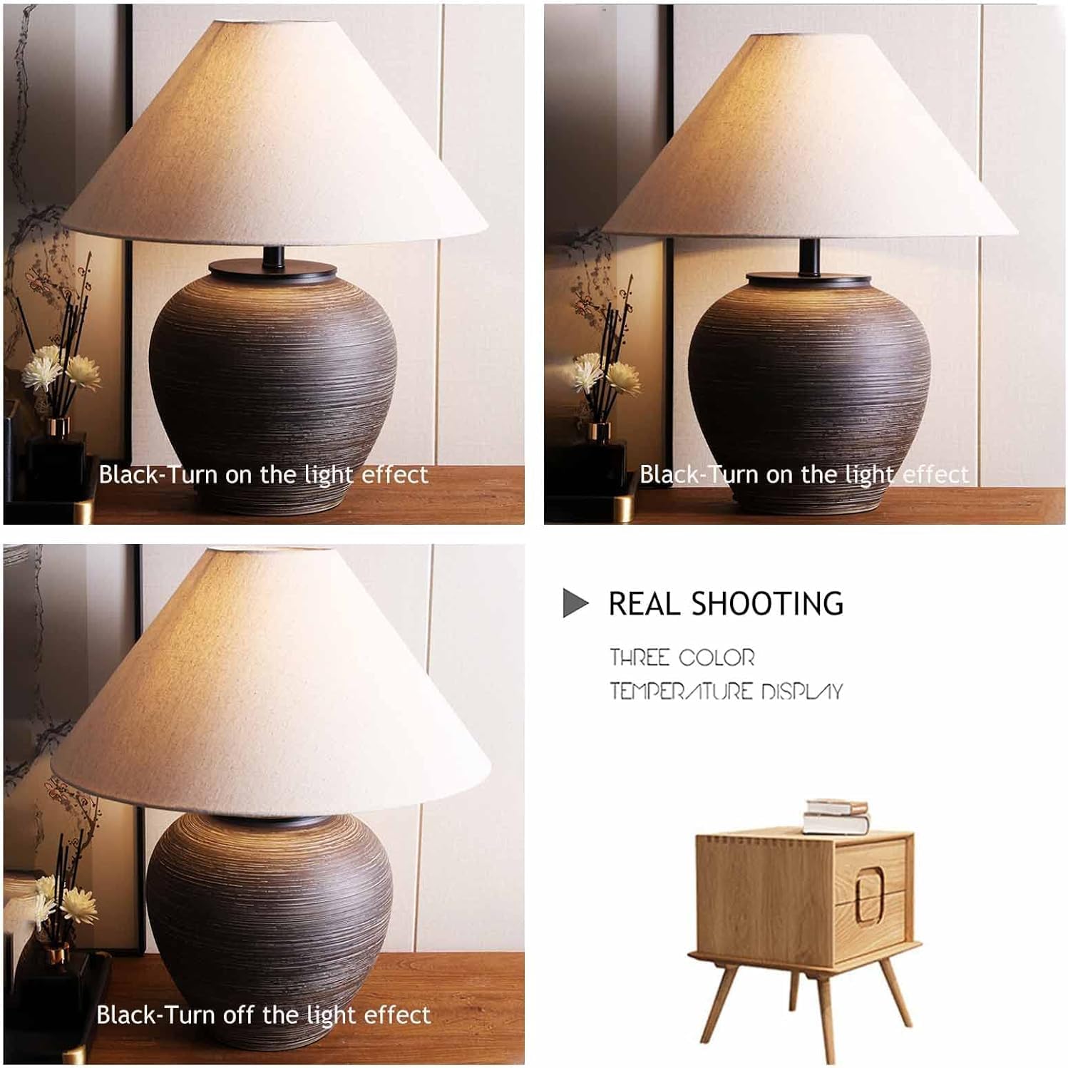 19.6'' Farmhouse Round Ceramic Table Lamp Rustic Retro Desk Lamp Brown Check Body with Off-White Fabric Shade Bedside Nightstand for Living Room Bedroom Home Office