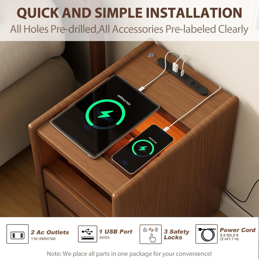 Walnut Nightstand,LED Nightstand with Charging Station,Narrow Bedside Table with Jewelry Box,Small Night Stand with Wheels,Modern Night Stand for Bedroom,Living Room,Dressing Room