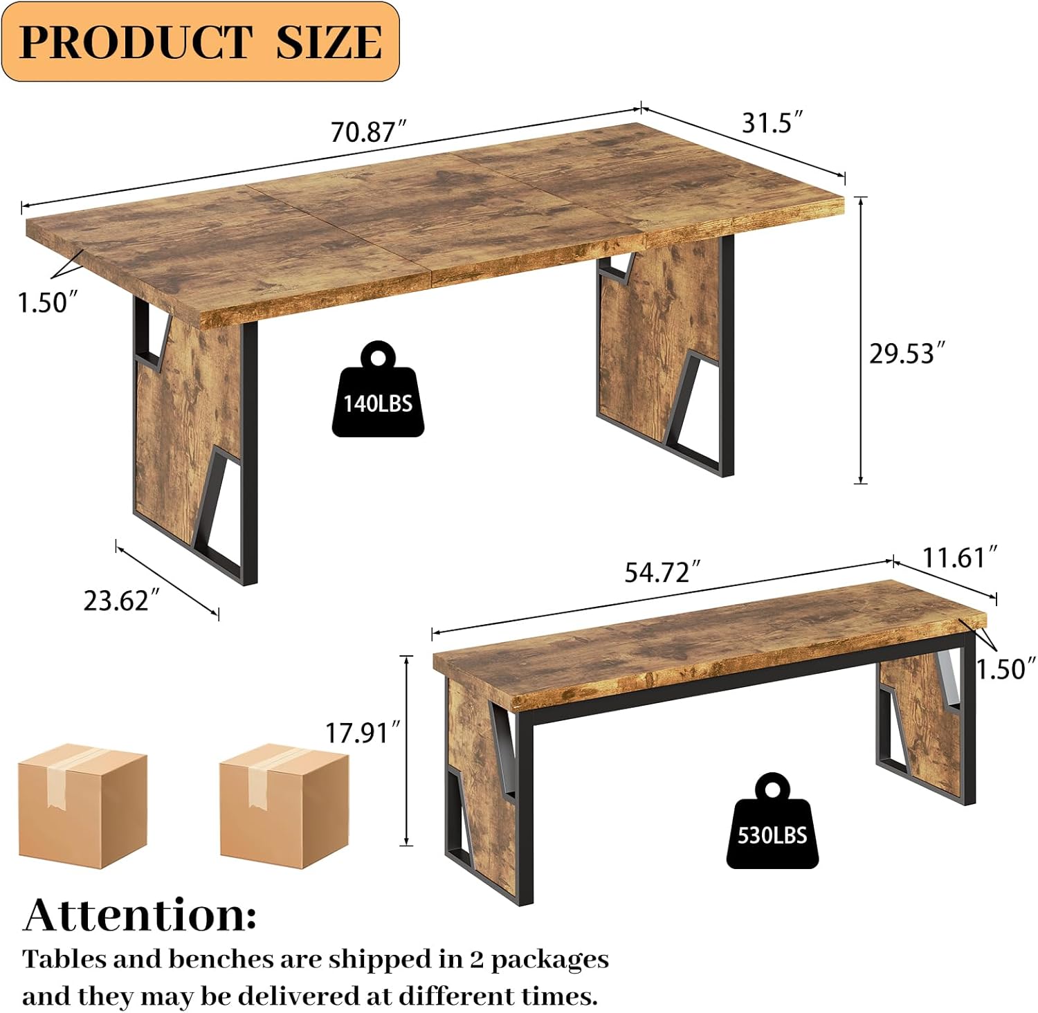 HIPIHOM 70.8' Wooden Dining Table with 2 Benches, Modern Kitchen Table and Chairs Set for 4-6 Person, Thickened MDF Wooden Table with Dining Bench for Living Dining Room, Kitchen, Office