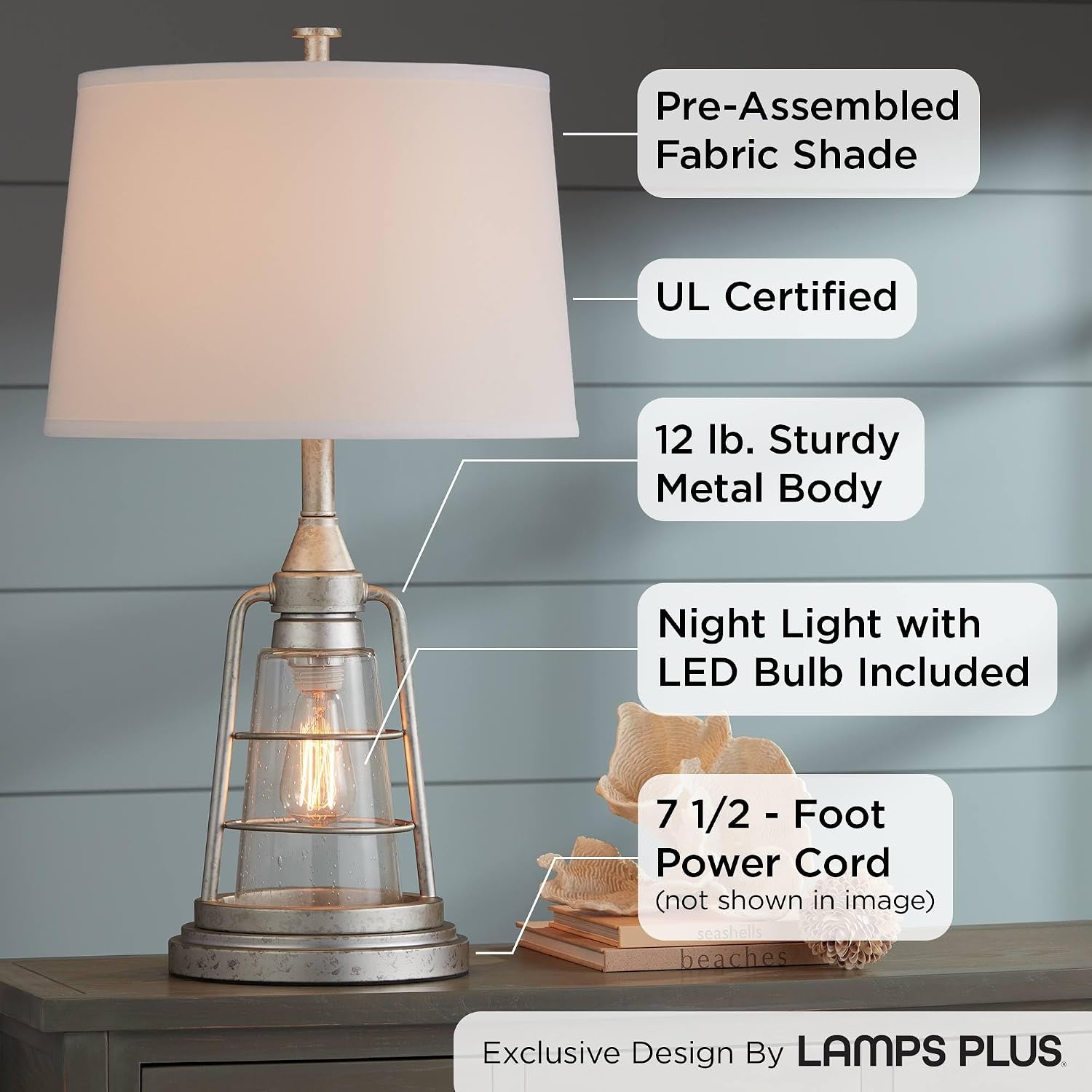 Franklin Iron Works Fisher Nautical Table Lamp with Nightlight Antique LED Edison Bulb 28.75' Tall Full Size Galvanized Finish Metal Cage Drum Shade Decor for Living Room Bedroom House Bedside