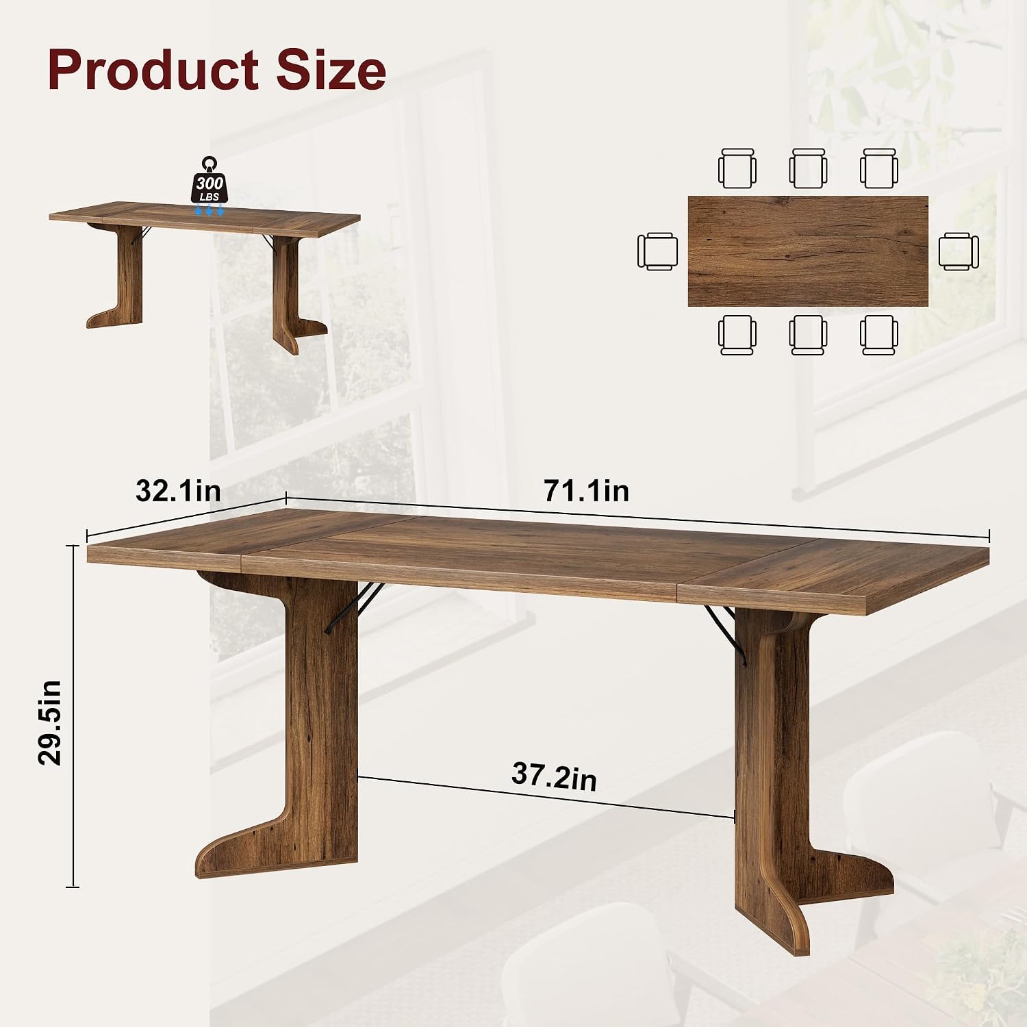 Garvee 71' Large Dining Table for 6 to 8 People, Modern Dinner Table with Unique Wooden Legs, Rectangle Dining Table for Kitchen, Dining Room & Living Room, Walnut