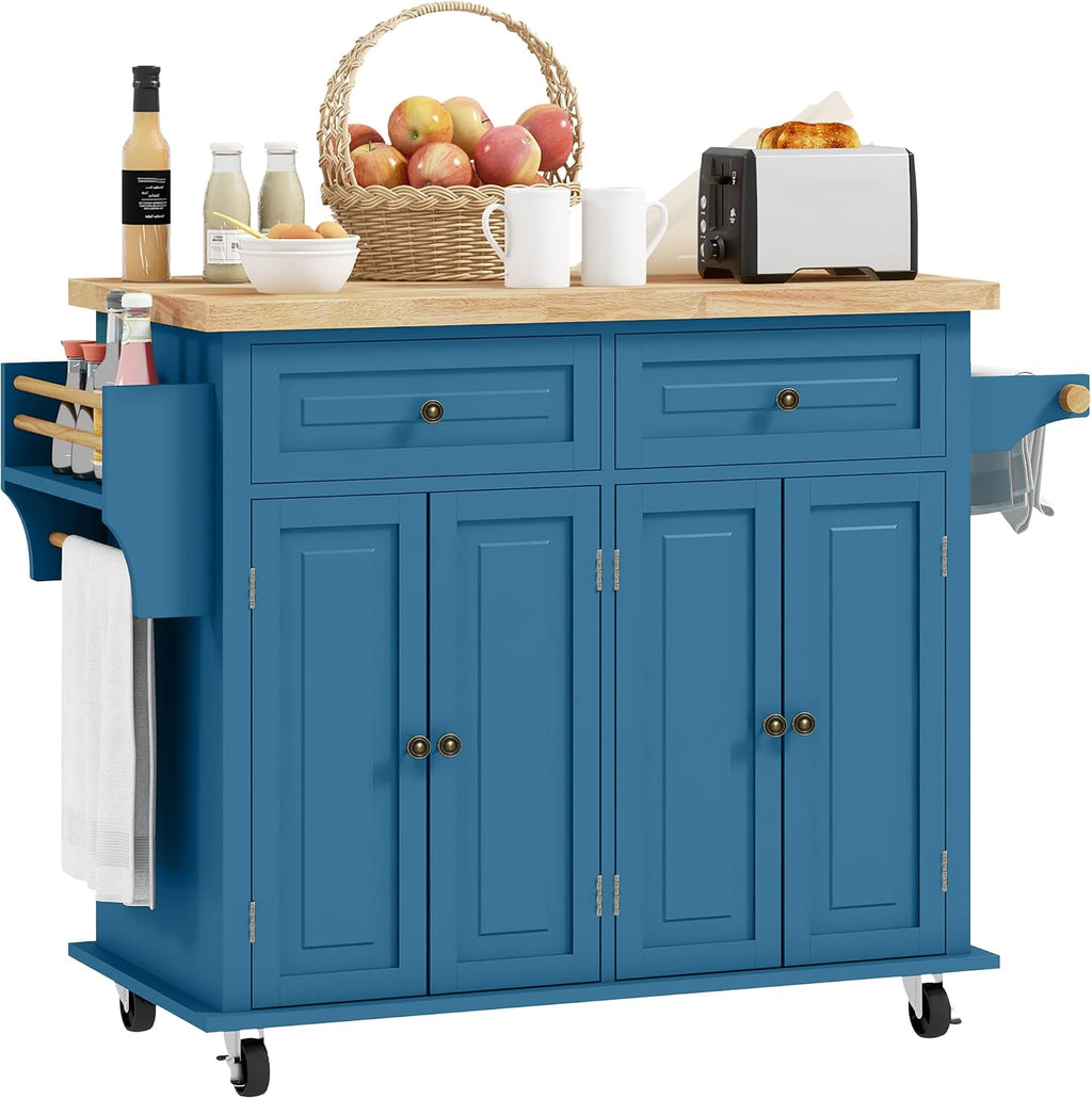 HOMCOM Kitchen Island Cart with Solid Wood Top, 44' Mobile Kitchen Island Table on Wheels with Storage Cabinets, 2 Drawers, Adjustable Shelves, Spice Rack & Towel Bar for Dining Room, Turquoise