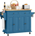HOMCOM Kitchen Island Cart with Solid Wood Top, 44' Mobile Kitchen Island Table on Wheels with Storage Cabinets, 2 Drawers, Adjustable Shelves, Spice Rack & Towel Bar for Dining Room, Turquoise