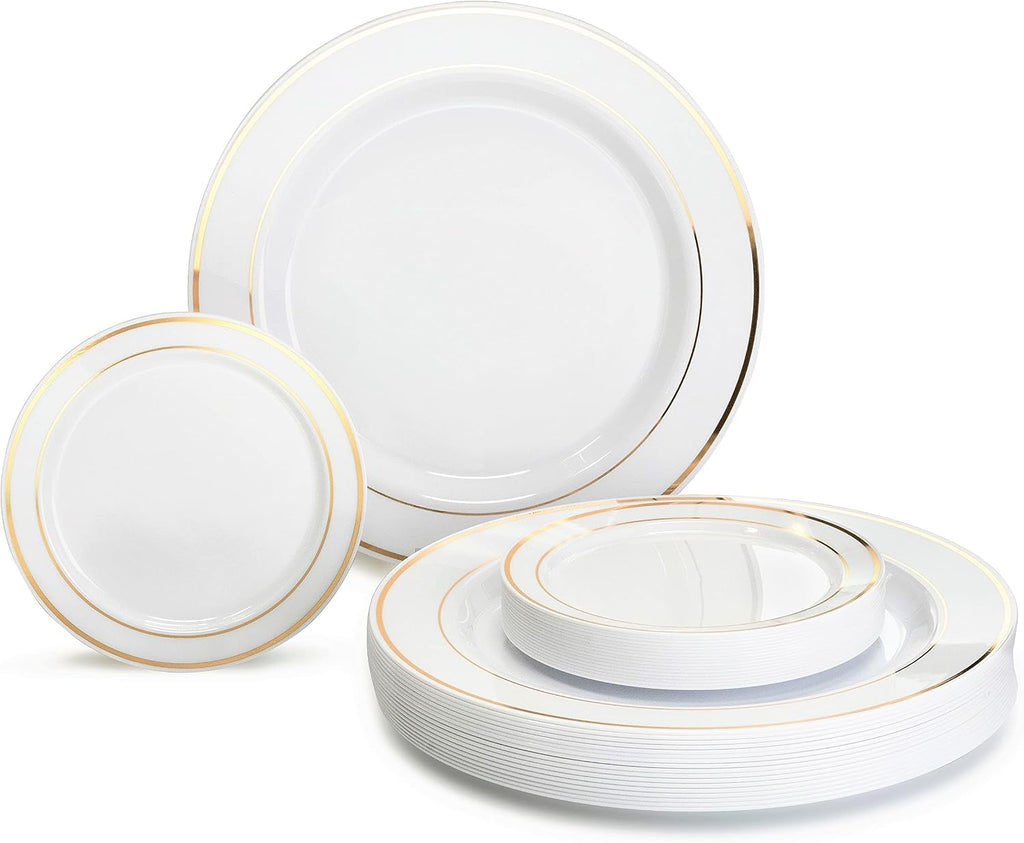 ' OCCASIONS ' 840pcs set (120 Guests)-Heavyweight Wedding Party Disposable Plastic Plate Set-120 x 10.5'' + 120 x 6.25'' + Gold Silverware + Cups + Napkins (White & Gold Rim)