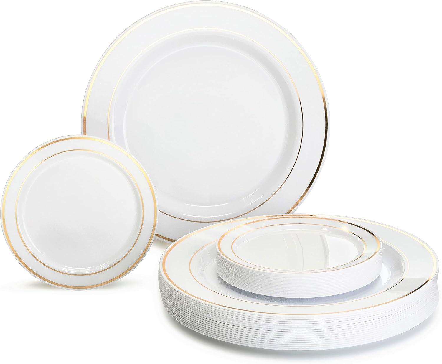 ' OCCASIONS ' 840pcs set (120 Guests)-Heavyweight Wedding Party Disposable Plastic Plate Set-120 x 10.5'' + 120 x 6.25'' + Gold Silverware + Cups + Napkins (White & Gold Rim)