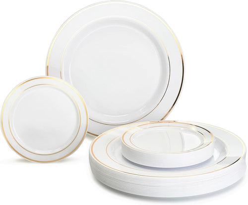 ' OCCASIONS ' 840pcs set (120 Guests)-Heavyweight Wedding Party Disposable Plastic Plate Set-120 x 10.5'' + 120 x 6.25'' + Gold Silverware + Cups + Napkins (White & Gold Rim)