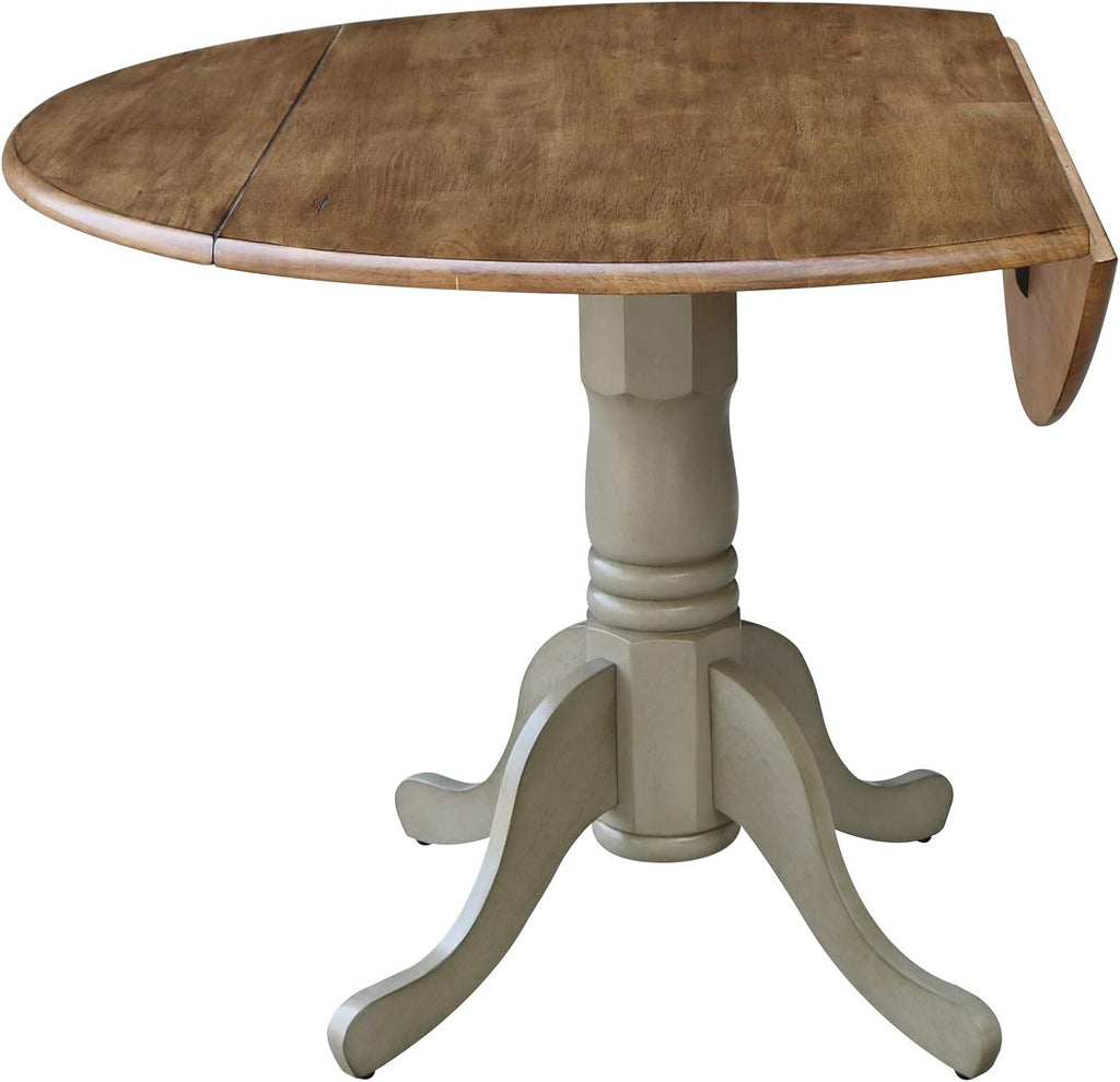 IC International Concepts, 42' Round Dual Drop Leaf Pedestal Dining Table, Solid Real Wood, Sturdy Parawood, Distressed Hickory/Stone