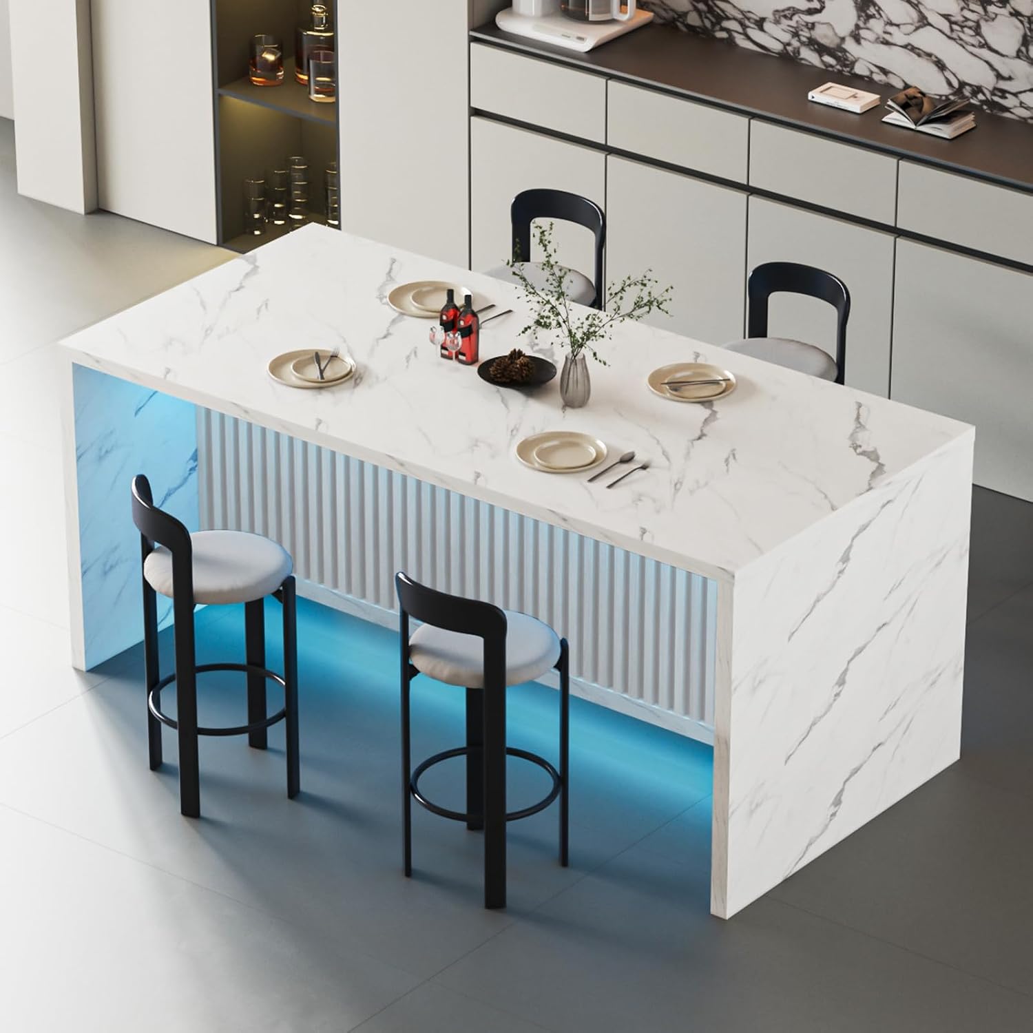71'' Large Faux Marble Dining Table for 6 People, 37.4''H Tall Modern Kitchen Island with LED Lights, Rectangle Kitchen Dining Table for Home