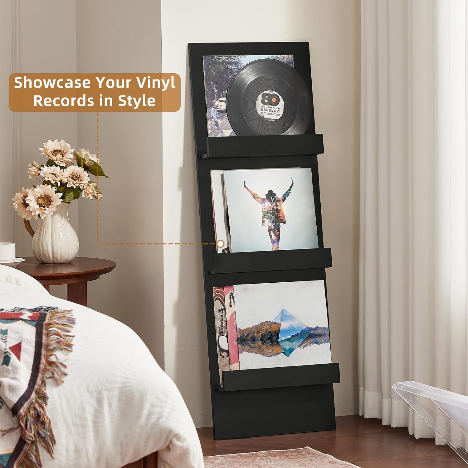 LELELINKY Wall Mount Vinyl Record Holder Set of 2 with 3 Tier Display Area, 47.5'' Tall Record Storage Magazine Holder, Book Shelf Holder Holds Up to 15 Vinyls Albums/CD for, Living Room, Music Room