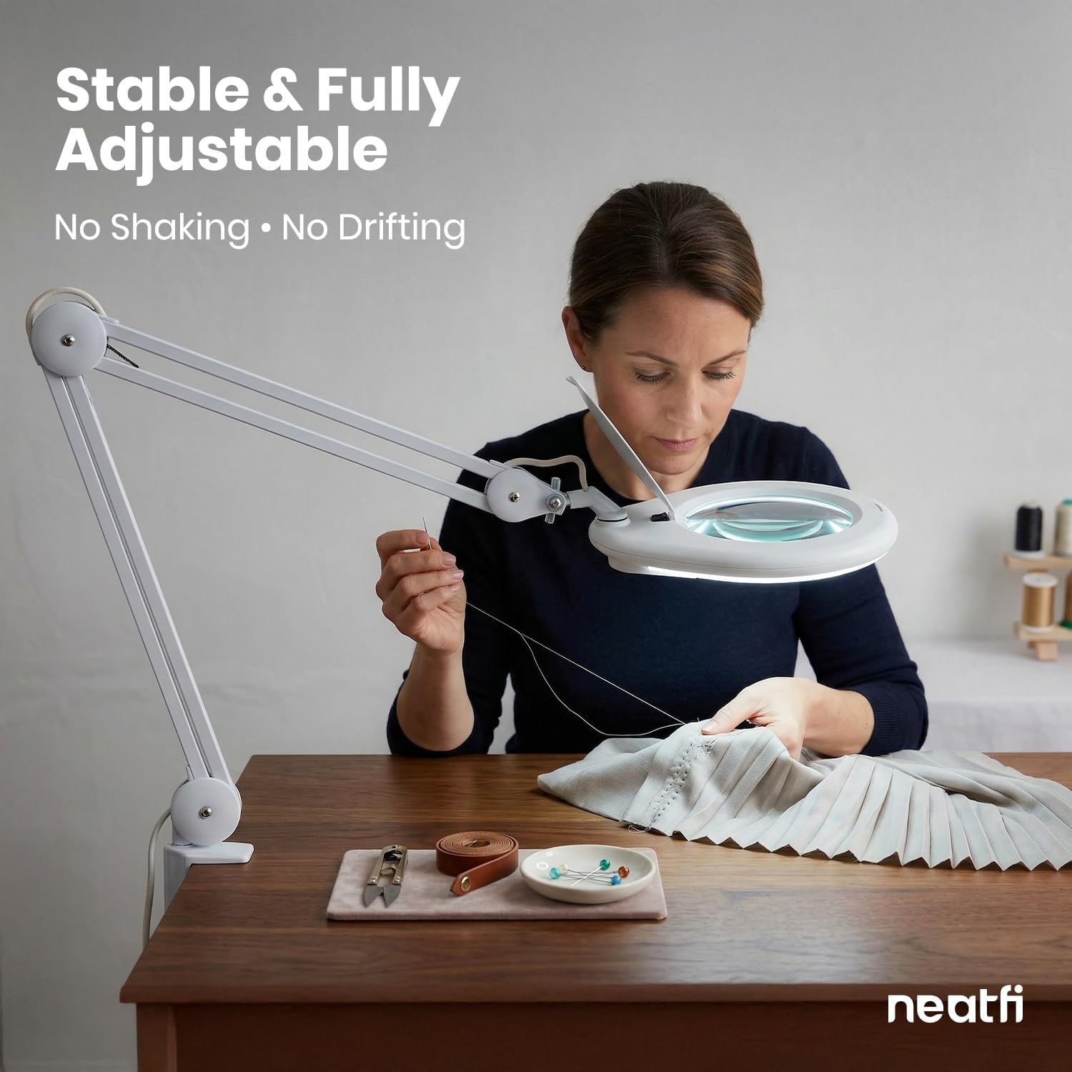 Neatfi Elite XL HD Super LED Magnifying Lamp – 7' Glass Lens, 5-Diopter, 6500K Daylight | Glare-Free, Adjustable Arm | Reading, Sewing & Crafting (White-3, 7-inch Lens, Non-CCT with Clamp)