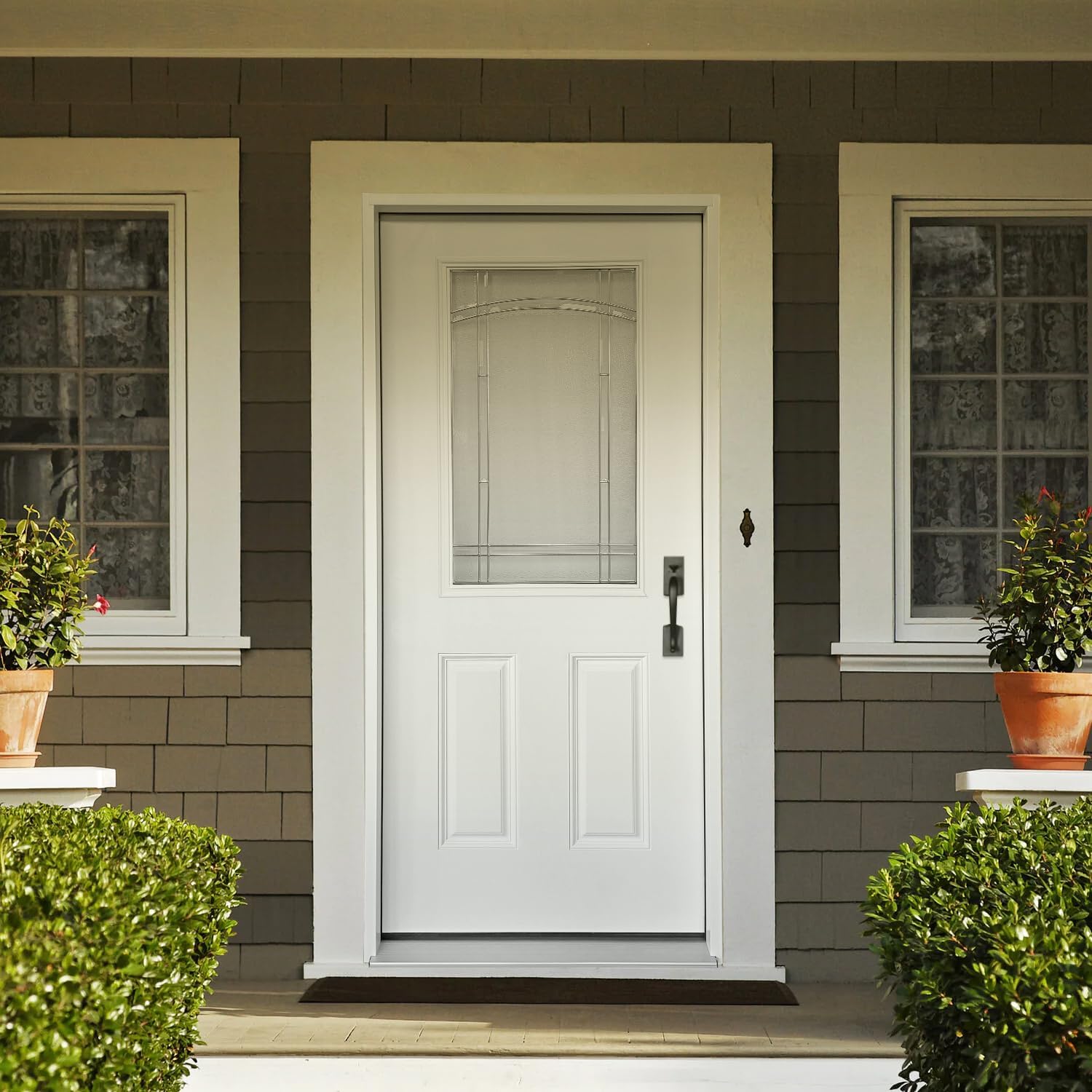 Durable 36 in. x 80 in. Composite Fiberglass Entry Door – 1/2 Lite 2-Panel Decorative Glass, Prehung Exterior Front Door, Left-Hand Inswing, Finished White, Ready to Install