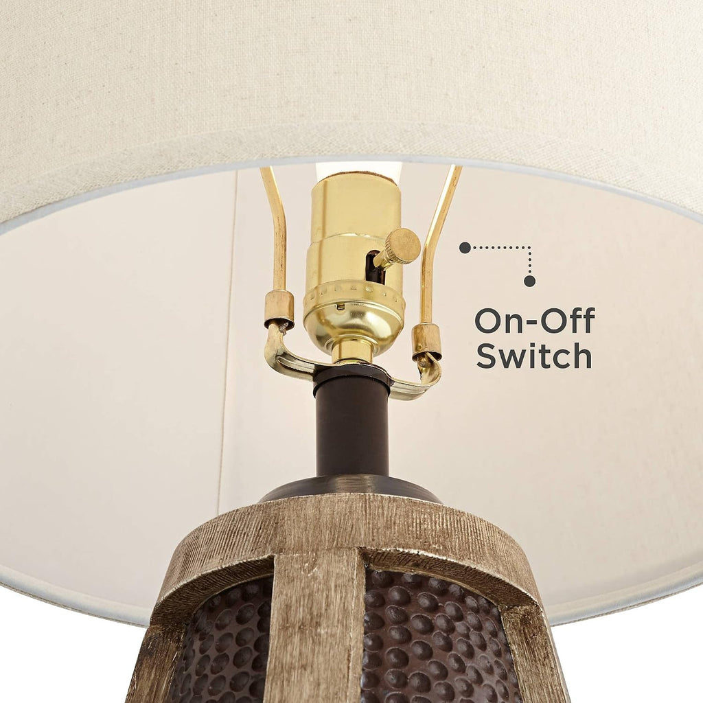 John Timberland Parker Industrial Rustic Table Lamps 30' Tall Set of 2 with Square Risers USB Charging Port Hammered Bronze Wood Oatmeal Drum Shade for Living Room Bedroom House Bedside Home