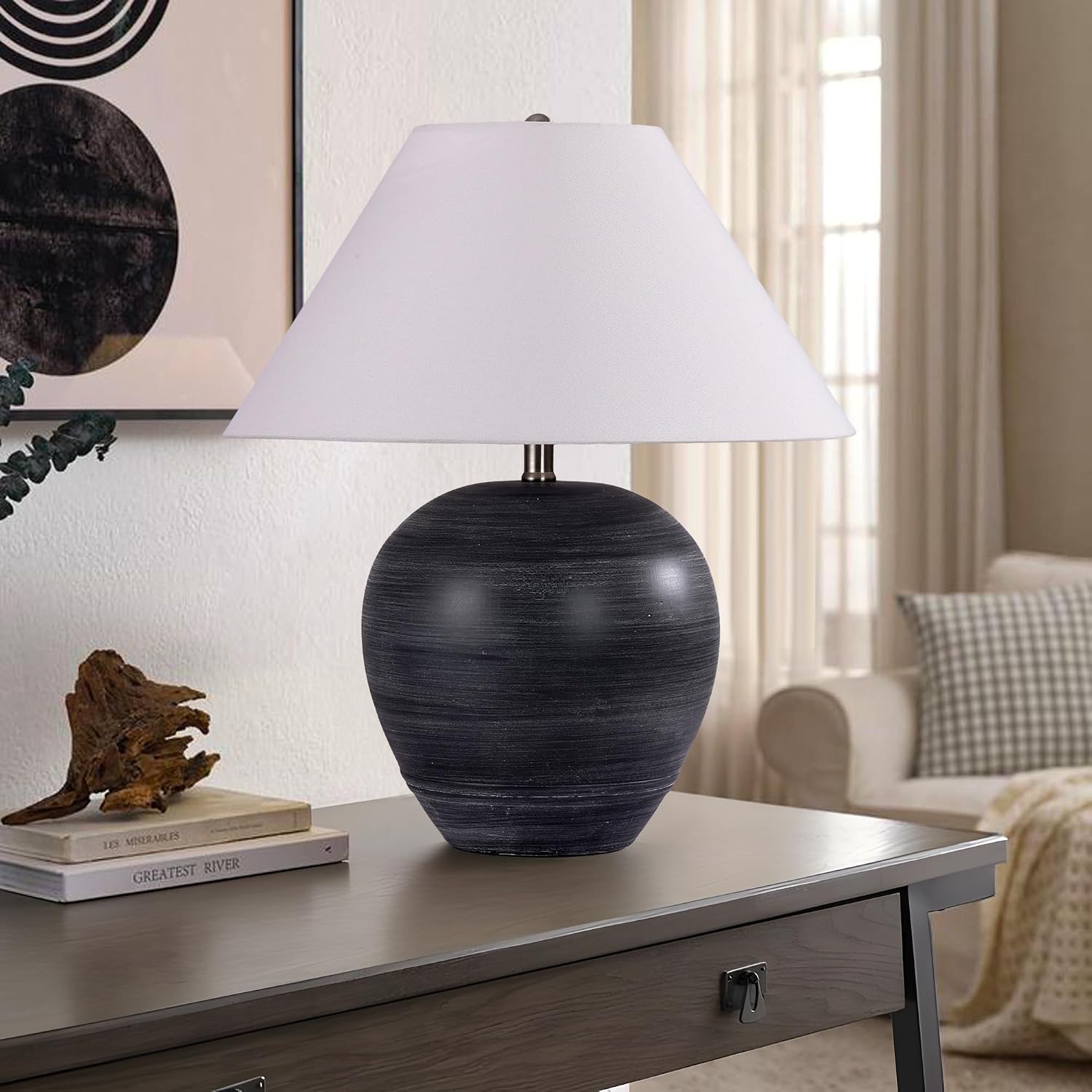 Pia Ricco 21'' Medium Size Black Glossy Ceramic Base Ceramic Basin Table Lamp Set of 2 for Bedroom, Living Room, Dining Room, Office, White Shade,White Striped Black Base