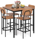 Giantex 5-Piece Dining Table Set W/Counter Height Table & 4 Bar Stools, Industrial Kitchen Dining Table Set W/Footrest & Backrest, Space-Saving Dinette Set for Pub, Dining Room, Restaurant (Teak)