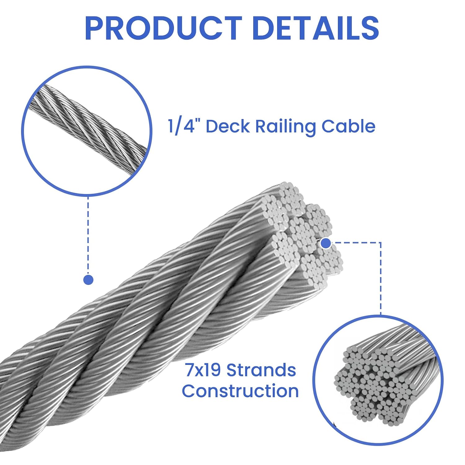 400ft Thickened 1/4' Stainless Steel Cable, 7x19 Strand Aircraft Wire Rope for Backyard Zipline, 6400lbs Breaking Strength, Zip Line for Heavy Duty Applications, Deck Railing, String Lights