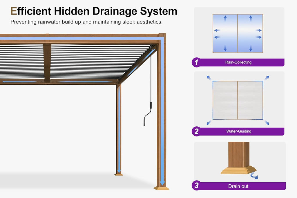 PURPLE LEAF Louvered Pergola 10' x 12' Outdoor Aluminum Wood Grain Pergolas with 24 Clear Lights Adjustable Roof Retractable Patio Rainproof Hardtop Gazebo for Deck Backyard Garden, Deep Teak