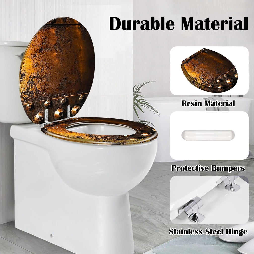 Round Toilet Seat Scratched Copper Rivets Resin Toilet Seat Slow Quiet Close with Quick-Release Hinges Toilet Seat with Cover Easy to Clean Install