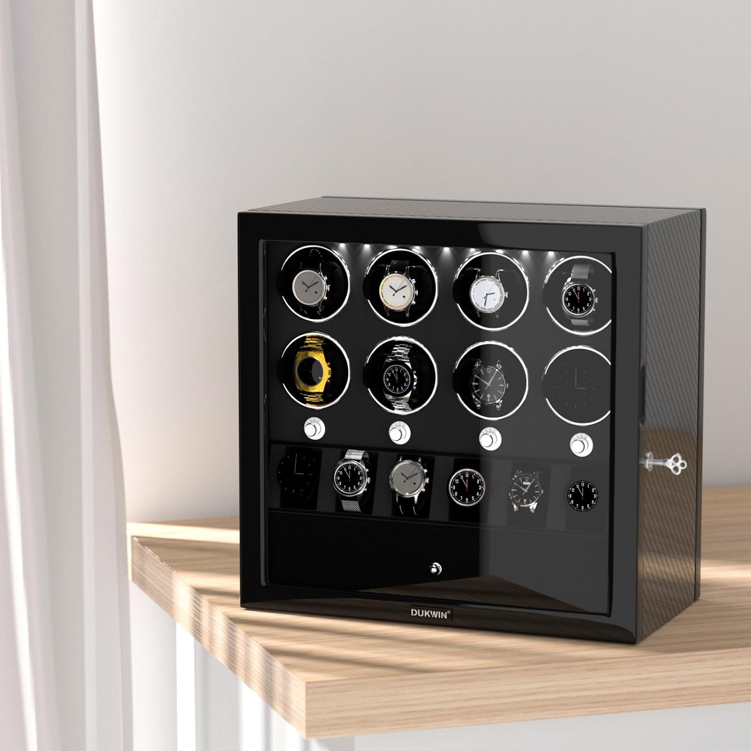 DUKWIN Watch Winder for 4/6/8 Automatic Watches, Lockable Winders with Watch Holders and Jewelry Storage, Super Quiet Motor with High-Gloss Finish, Built-in Illumination