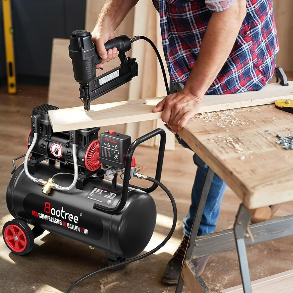 10 Gallon Ultra Quiet Air Compressor with Two Quick Couplers, 2HP MAX 115PSI Oil-Free Air Compressor Steel Tanks, 70dB Air Compressor with Wheels for Spray Painting, Auto Repair, Woodwork Nailing