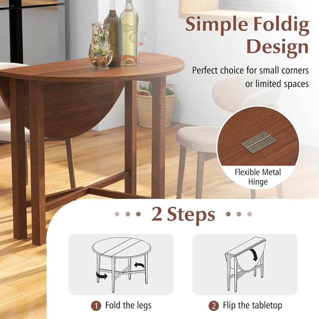 Giantex 36' Folding Dining Table for 2-4, Extendable Drop Leaf Kitchen Table with Solid Rubber Wood Frame, Space-Saving Round Dinner Table for Small Space, Living Dining Room, Dinette, Walnut