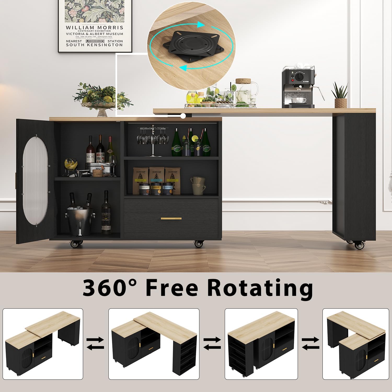 HSH 72' Rolling Kitchen Island with Seating, 360° Swivel Table, Kitchen Island with Storage Cabinet, Drawer & Shelves, Farmhouse Mobile Island Cart on Wheels for Dining Room & Home Bar, Black Oak