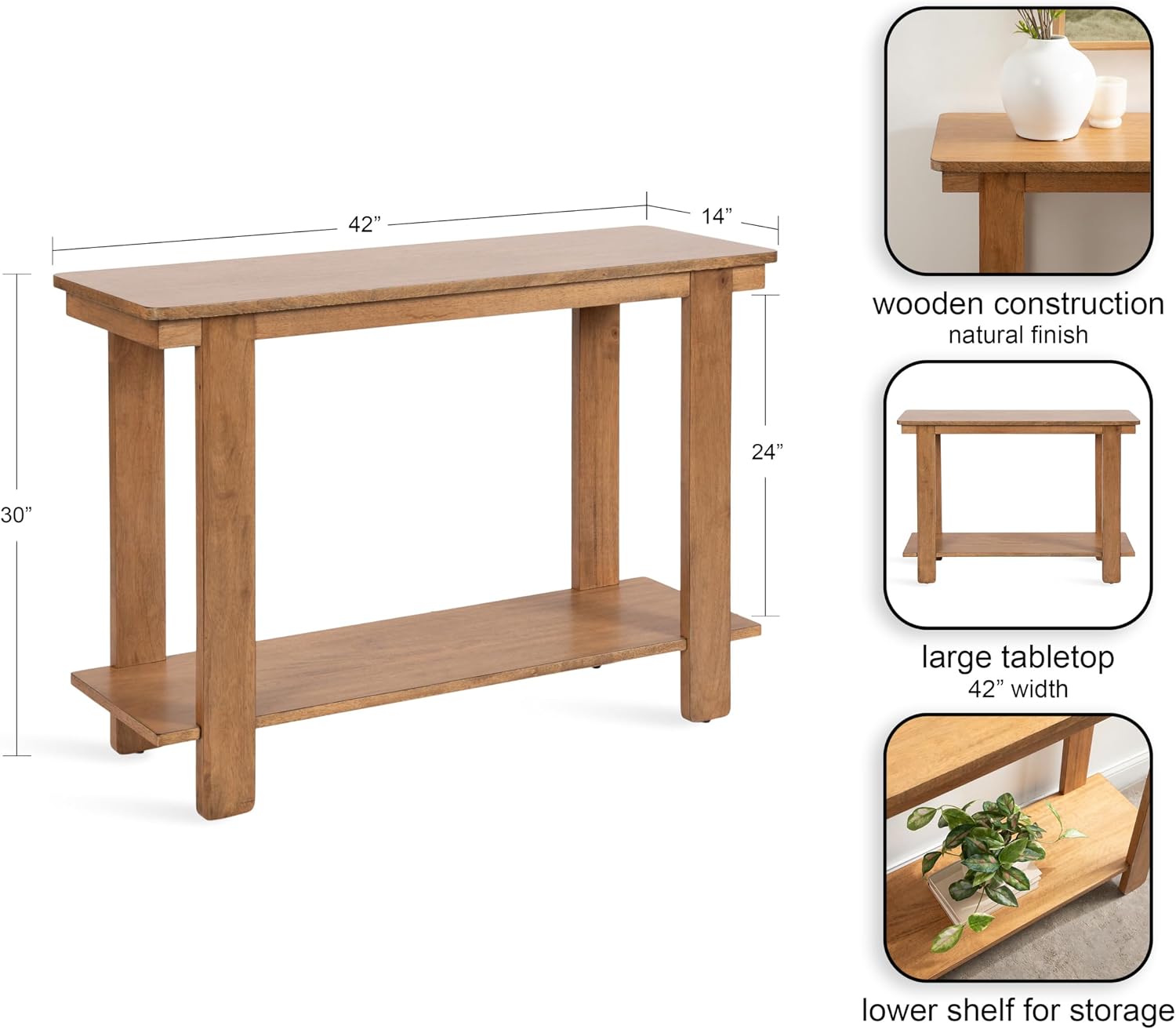 Kate and Laurel Foxford Tiered Rectangle Console Table, 42 x 14 x 30, Natural Brown, Transitional Two-Tier Wood Entryway Table with Storage for Use as Living Room Behind Couch Table