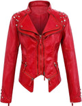 Women's PU Leather Jacket Rivet Decor Lapel Short Biker Coat Washed Casual Spring Autumn Fashion Outerwear