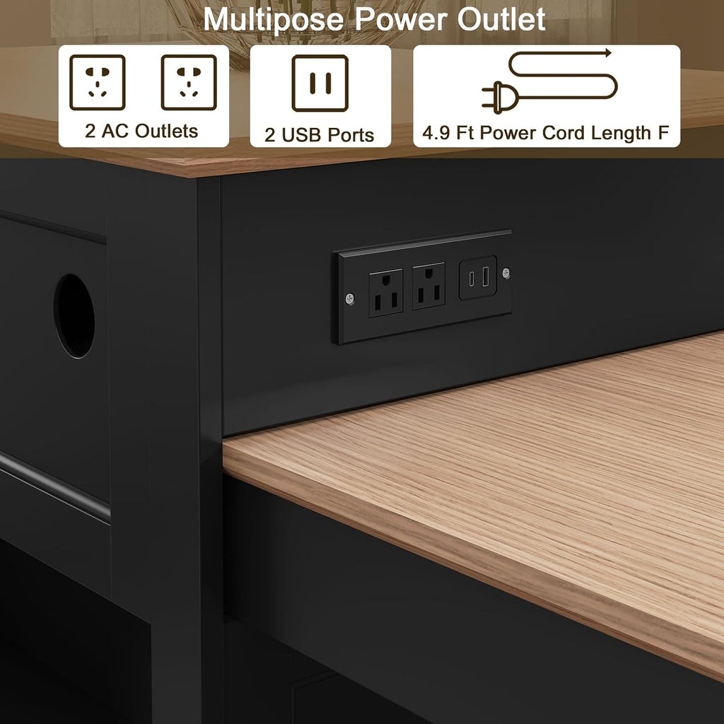 HLR 72' Kitchen Island with Extendable Table for 2-4, Island Table for Kitchen with Power Outlet and Storage Slide Out Legs, Rolling Islands Cart with 2 Doors (Black)