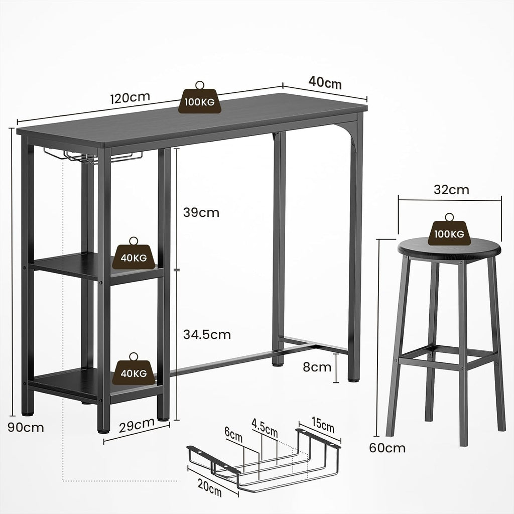 Bealife Bar Table with Bar Stool Set for 2 People, Pub Table Set with 2 Shelves and Glass Holder, Kitchen Bar Table Set for Kitchen, Living Room, Dining Room (Black)