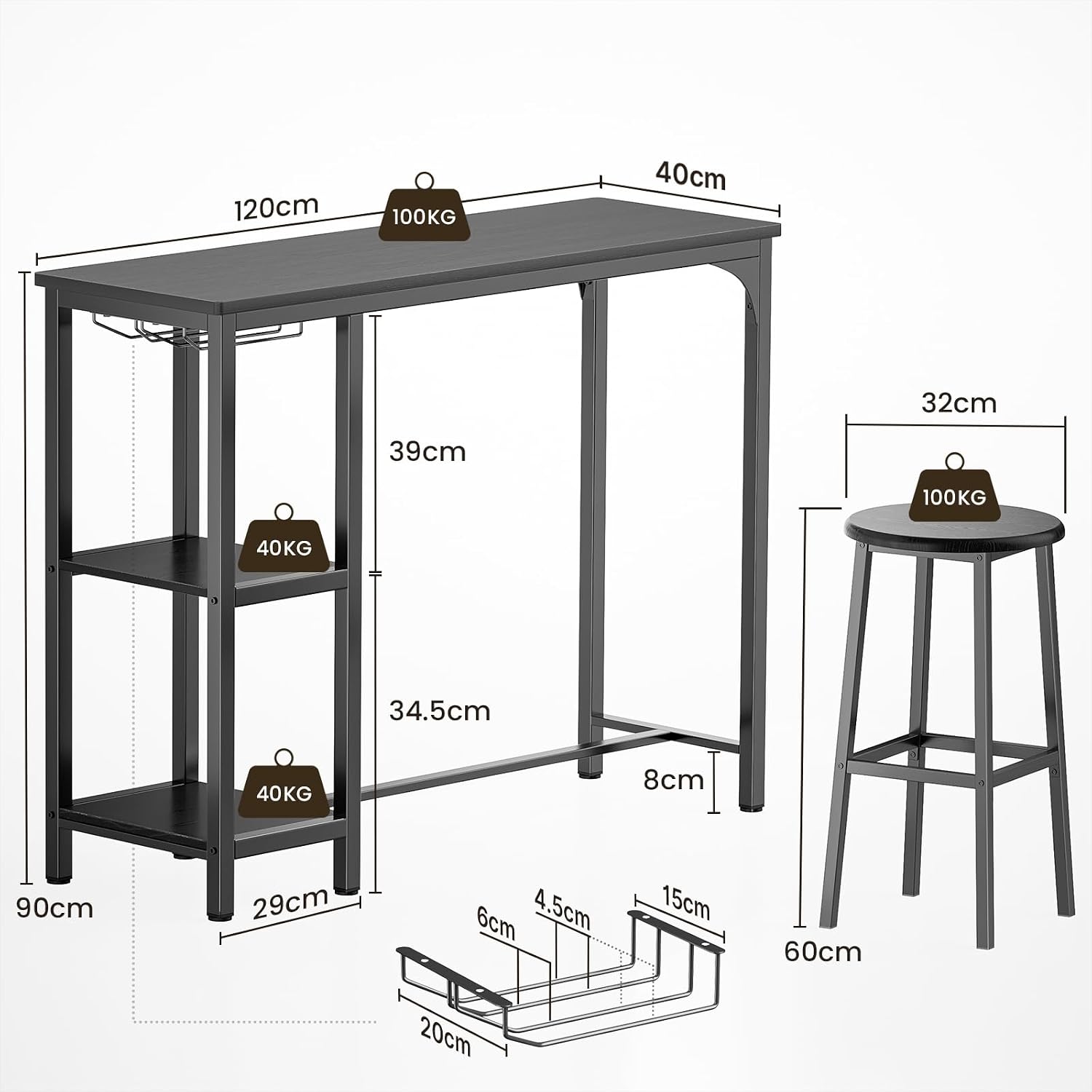Bealife Bar Table with Bar Stool Set for 2 People, Pub Table Set with 2 Shelves and Glass Holder, Kitchen Bar Table Set for Kitchen, Living Room, Dining Room (Black)