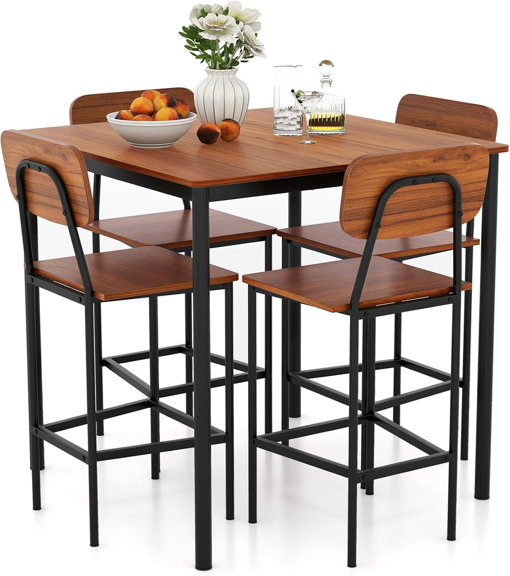 Giantex 5-Piece Dining Table Set W/Counter Height Table & 4 Bar Stools, Industrial Kitchen Dining Table Set W/Footrest & Backrest, Space-Saving Dinette Set for Pub, Dining Room, Restaurant (Walnut)