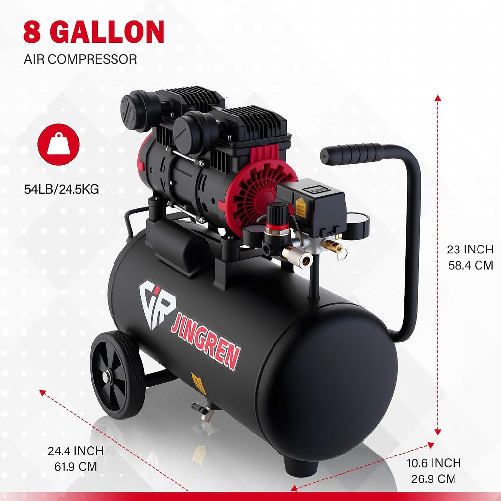 8 Gallon Quiet Oil Free Air Compressor With Air hose, Only 68dB, 2HP | Oilless Quiet Air Compressor, 4.2CFM, Max 120 PSI, 8 Gallon Air Tank for Car Repair, Spray Painting, Nailing With Air Hose