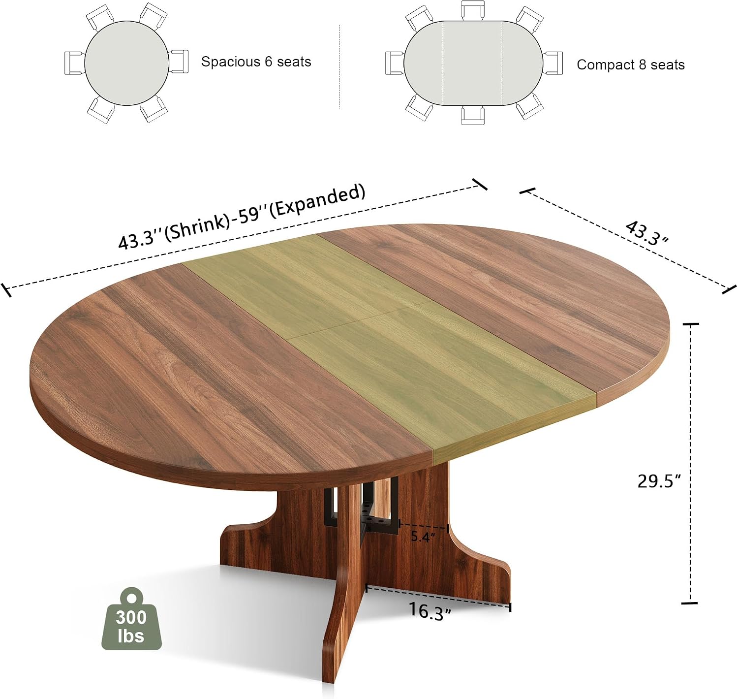 Feonase 59' Round Extendable Dining Room Table for 4-6, Modern Oval Kitchen Table with Heavy Duty Wood Base, Metal Frame Support, for Dining Kitchen Living Room, Easy Assembly, Noise-Free, Walnut