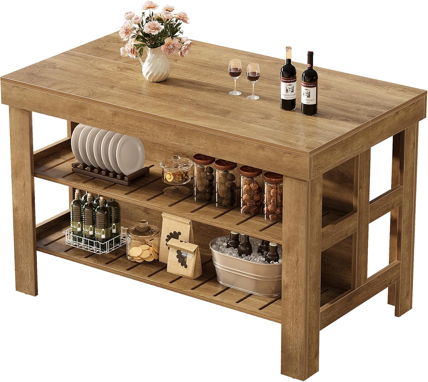 Tribesigns Kitchen Island with Seating and Storage Shelves, 55.1-Inch Breakfast Counter Farmhouse Island Table for Kitchen Dining Room (All Brown)