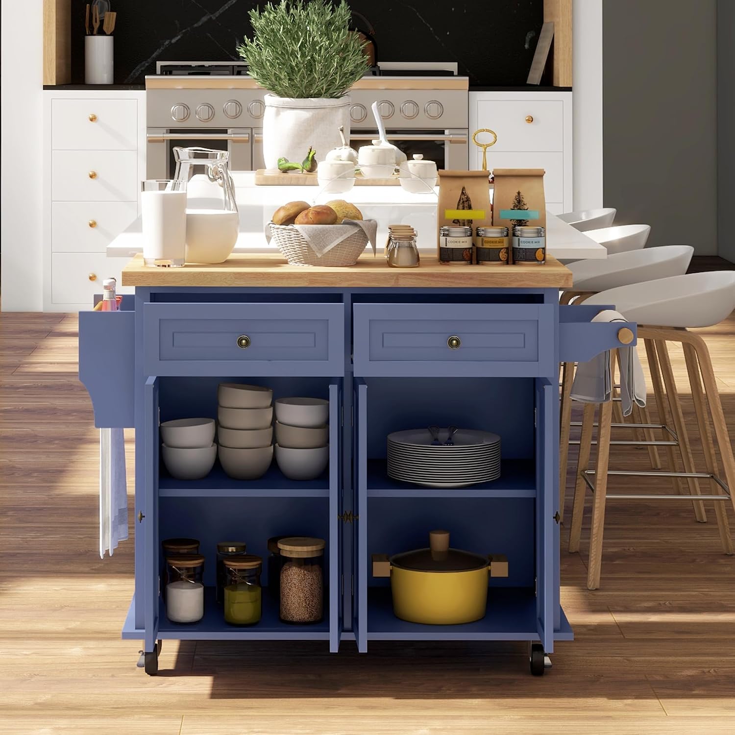 HOMCOM Kitchen Island Cart with Solid Wood Top, 44' Mobile Kitchen Island Table on Wheels with Storage Cabinets, 2 Drawers, Adjustable Shelves, Spice Rack & Towel Bar for Dining Room, Navy Blue