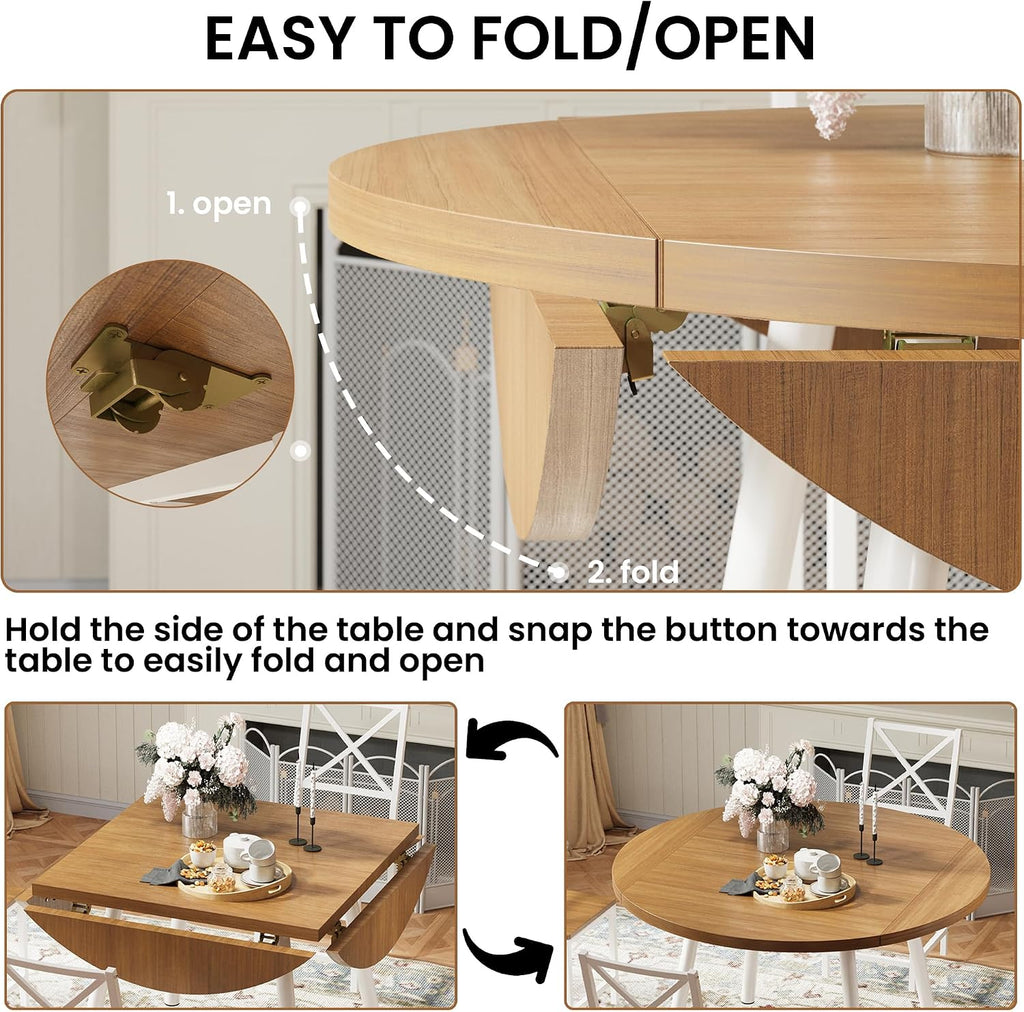 IRONCK Dining Table Set for 4, Round Kitchen Table and 4 Stool Chair for Dining Room, 44.5inch Drop Leaf Desk, Small Space Saving, Natural Wood