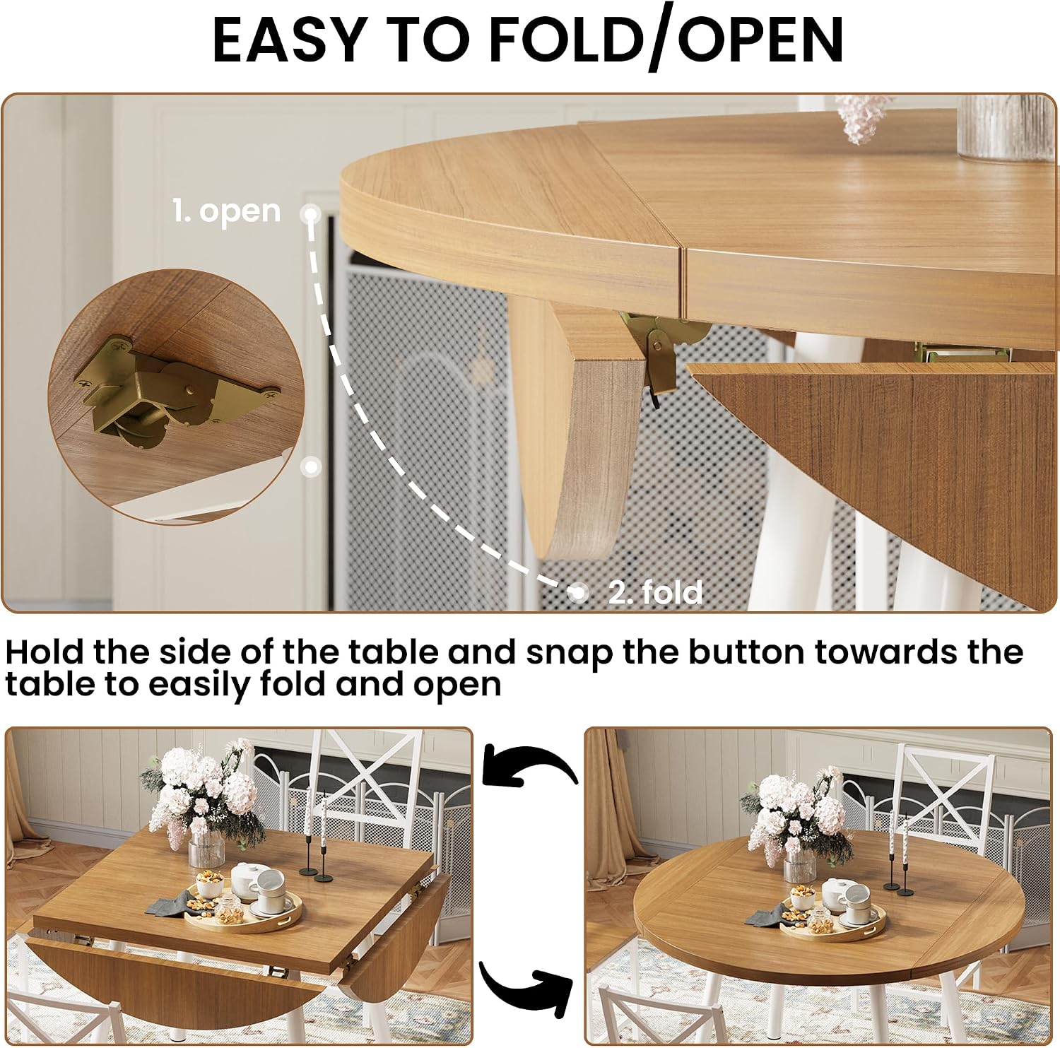 IRONCK Dining Table Set for 4, Round Kitchen Table and 4 Stool Chair for Dining Room, 44.5inch Drop Leaf Desk, Small Space Saving, Natural Wood