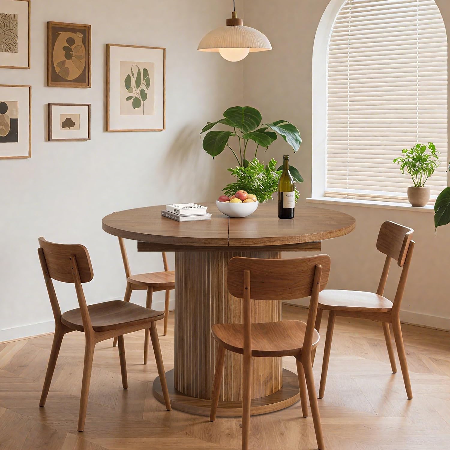 59 inch Round Dining Table for 6, Modern Farmhouse Kitchen Table, Circle Dining Tables with Wood Strip Base for Kitchen Living Room (Big Adjustable Walnut)