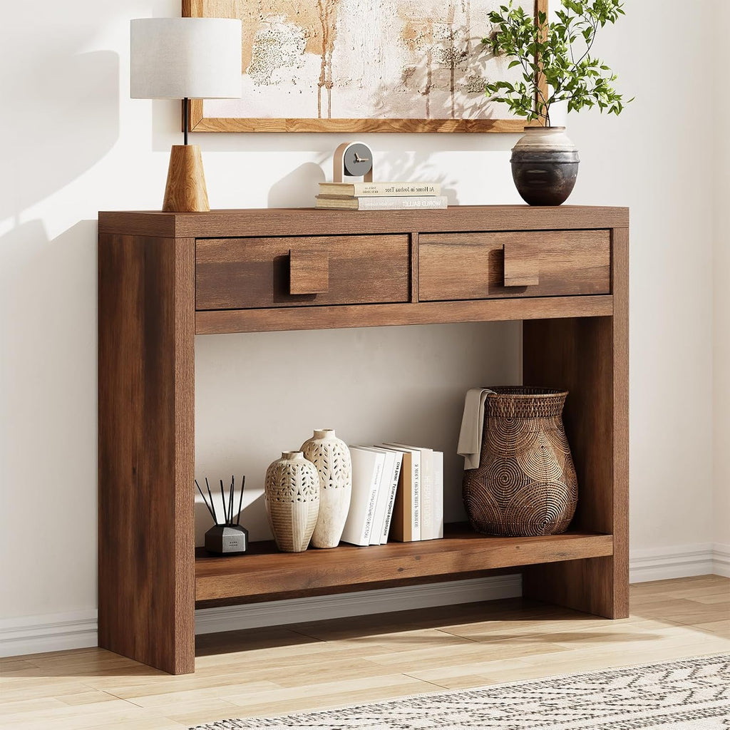 ONBRILL Console Table with Drawers, 40 Inch Narrow Entryway Table with Open Storage Shelves, Mid Century Modern Hallway Accent Tables Behind Couch Table for Living Room (Vintage Brown)