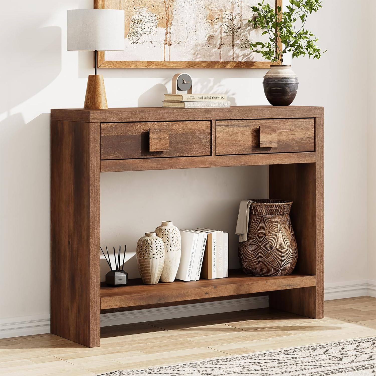 ONBRILL Console Table with Drawers, 40 Inch Narrow Entryway Table with Open Storage Shelves, Mid Century Modern Hallway Accent Tables Behind Couch Table for Living Room (Vintage Brown)