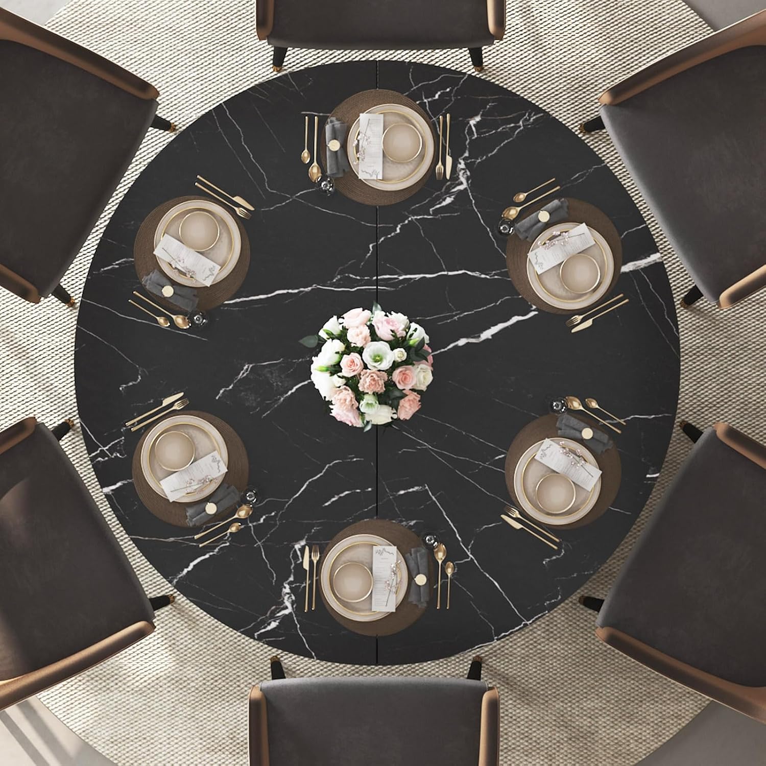 IBF Round Dining Table with Storage, Black Faux Marble Kitchen Tables for 4-6 People, 47' Modern Dining Room Tables with Fridge Space, Wood Circle Dinner Table for Home, Black Marble, Only Table