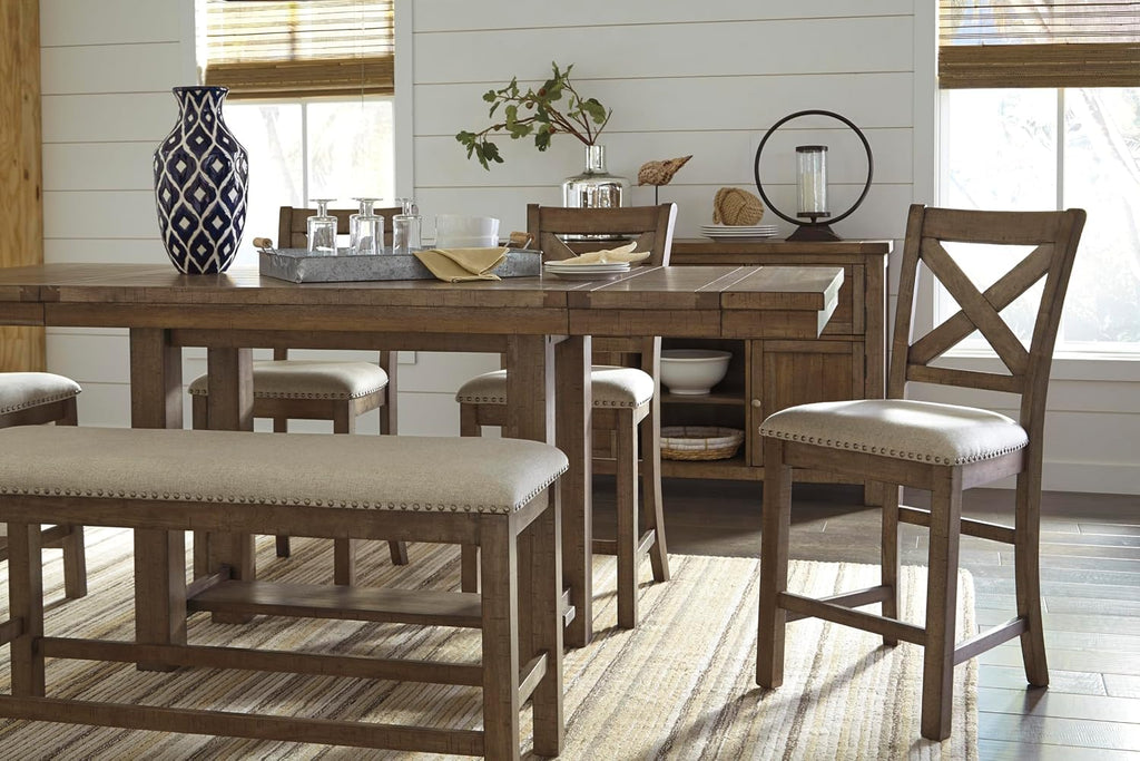Signature Design by Ashley Moriville Rustic Farmhouse Counter Height Dining Extension Table, Separate Extension Leaves, Seats 8, Wood, 36' W x 86' D x 36' H, Brown