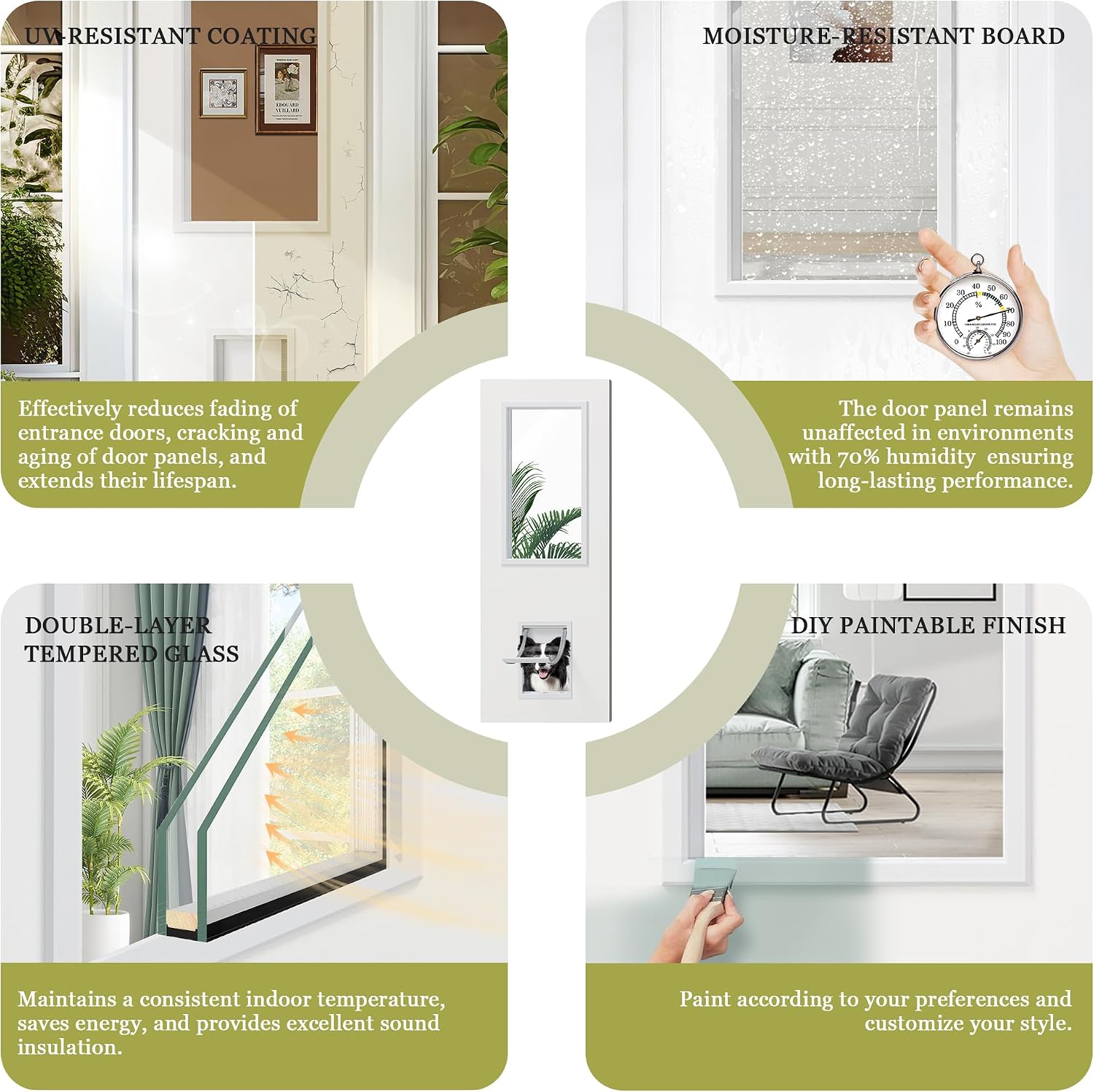 Front Door，30' x 80' 1-Lite Exterior Door with Pet Door, Left-Handed Frosted Glass Entry Door, Solid Wood & MDF Construction, Prehung Door Jamb & Threshold Hardware Kit, Waterproof Primer