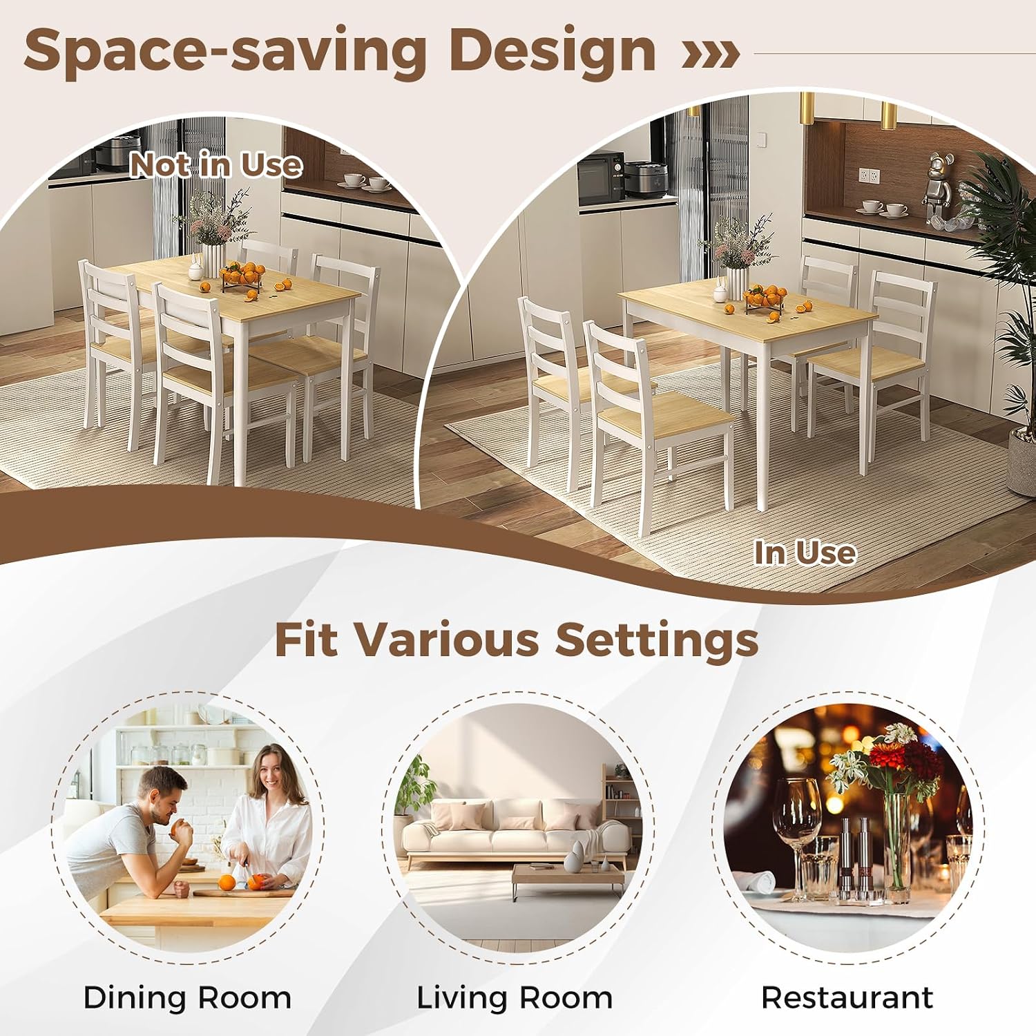 COSTWAY Dining Table Set for 4, Wood Kitchen Table Chairs Set with Rubber Wood Legs, Space-Saving Design, Modern 5-Piece Dinette Set for Small Place, Kitchen, Dining Room, Restaurant (Natural)