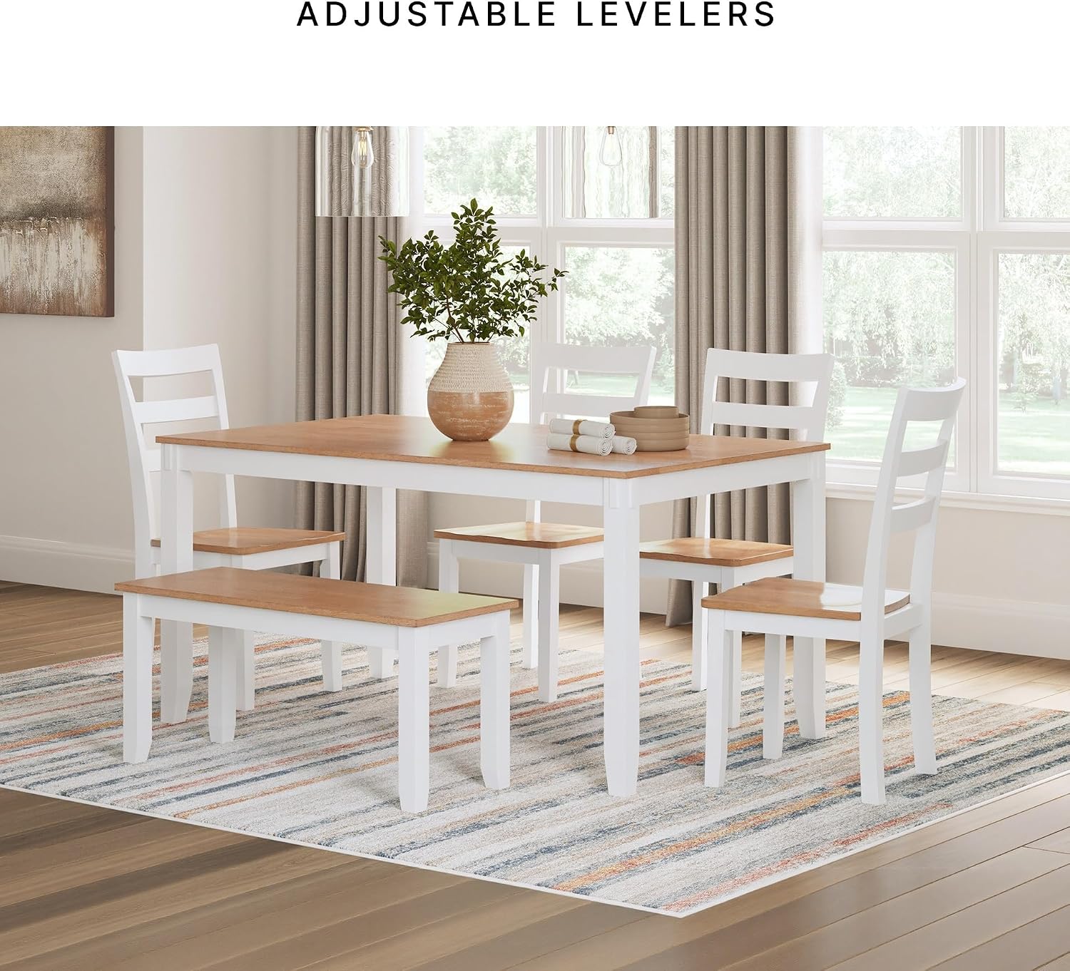 Signature Design by Ashley Gesthaven Casual Modern Dining Room Table Set with 4 Chairs and Bench, Set of 6, Mango Wood, 30.25' Table Height, White & Light Brown