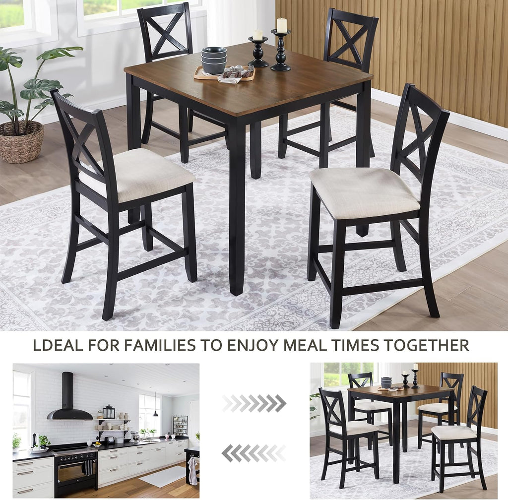 Harper & Bright Designs Counter Height Dining Table Set 5-Piece for 4, Farmhouse Kitchen Table 34.5' Square with 4 X-Back Chairs, Black & Oak for Small Space