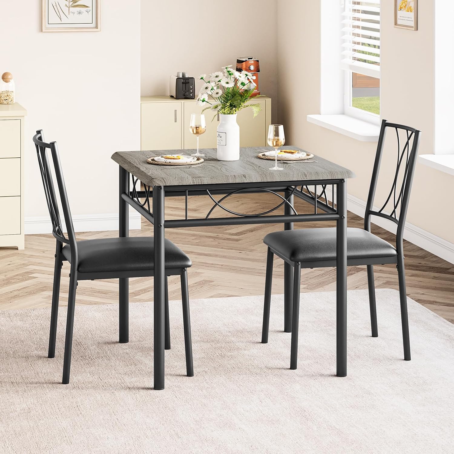Garvee 3-Piece Wood Dining Table Set for 2, Compact Square Kitchen Table Set with 2 Upholstered Chairs, Space-Saving Dining Table Set for Apartment, Studio, Kitchen, Small Space, Gray