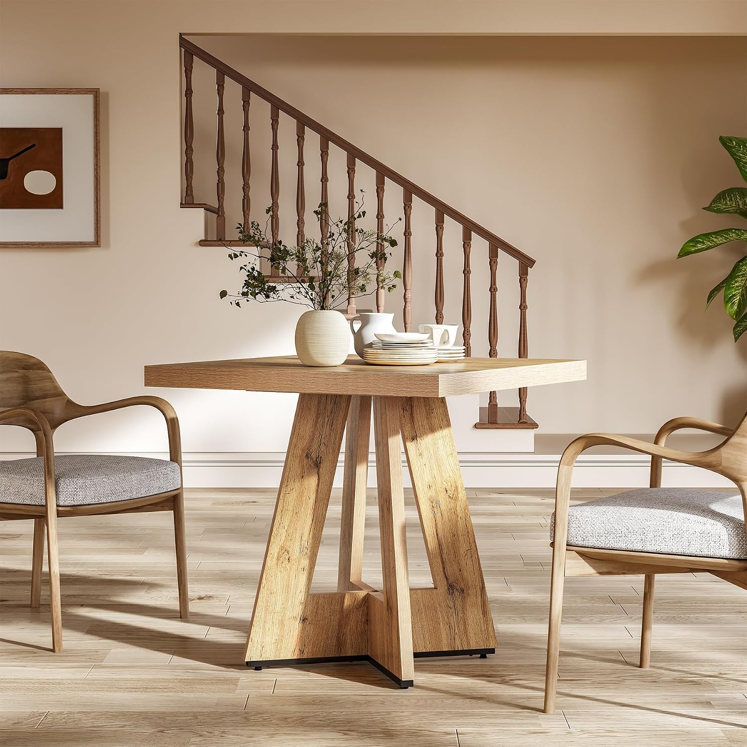 LITTLE TREE 31.5' Square Dining Table for 4, Small Space Kitchen Table with Pedestal Base, Farmhouse Wood Tables for Apartment, Dining Room & Living Room, Ideal for Cafe & Restaurant Use (Brown)