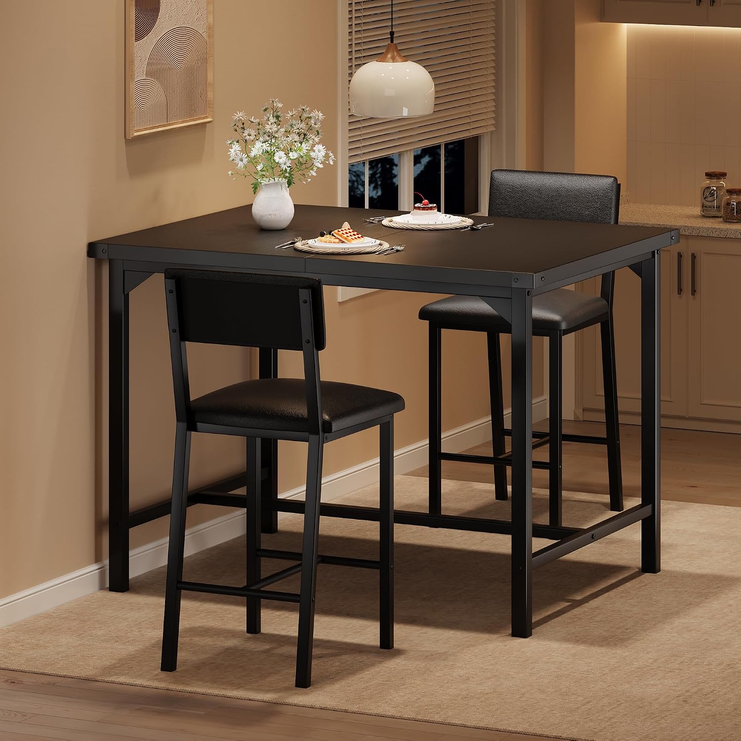 GarveeHome Dining Table Set for 2 with Corner Protector, Kitchen Table Set w/Footrest & Backrest, Counter Height Table with 2 Upholstered Bar Chairs, for Small Space, Retro Black