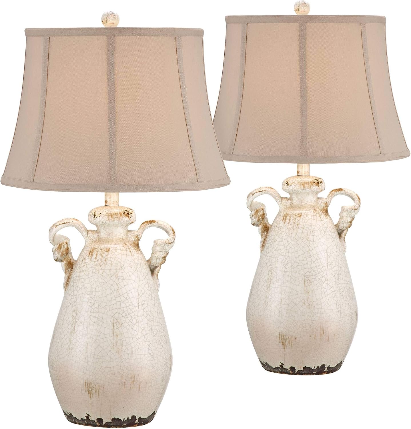 Regency Hill Isabella Rustic Country Cottage Core Table Lamps 29' Tall Set of 2 Crackled Ivory Glaze Ceramic Handles Jar Beige Bell Shade for Bedroom Living Room House Bedside Nightstand Office